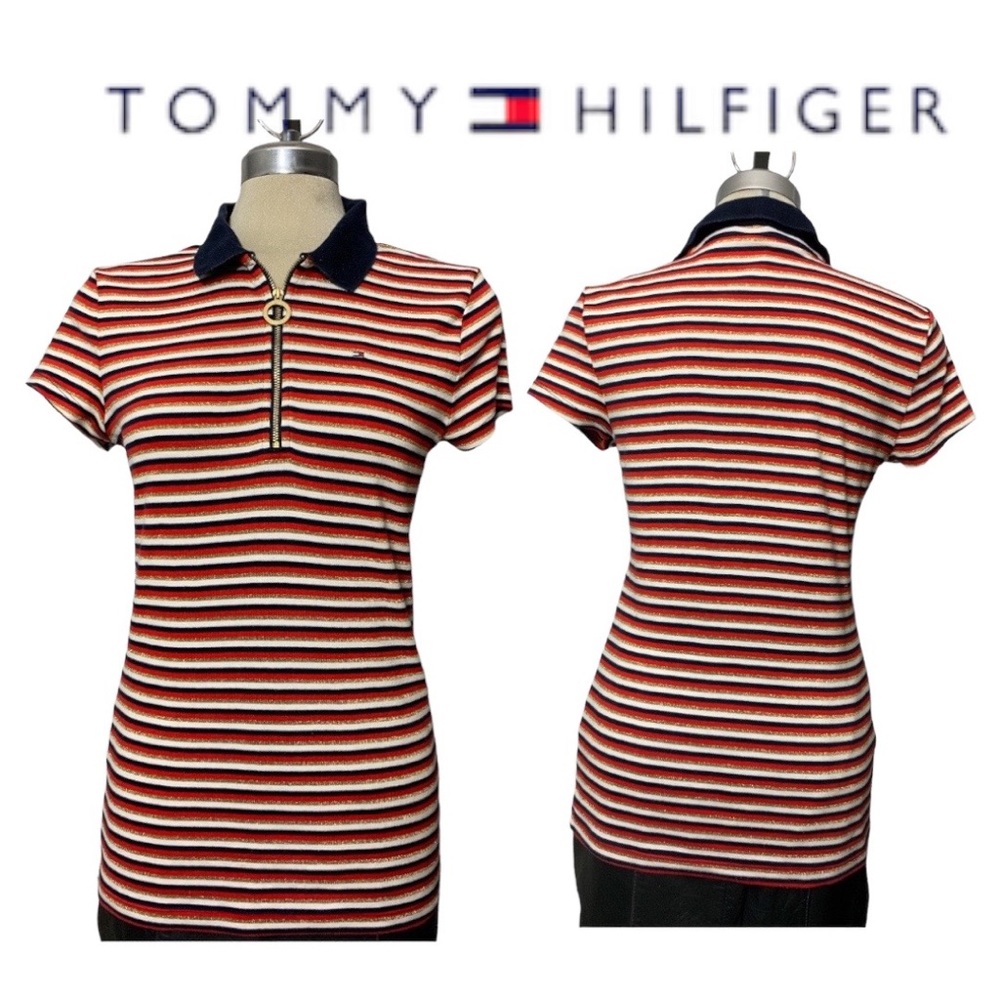 TOMMY HILFIGER Golf Shining Stripped Blu and white Short Sleeves Size M